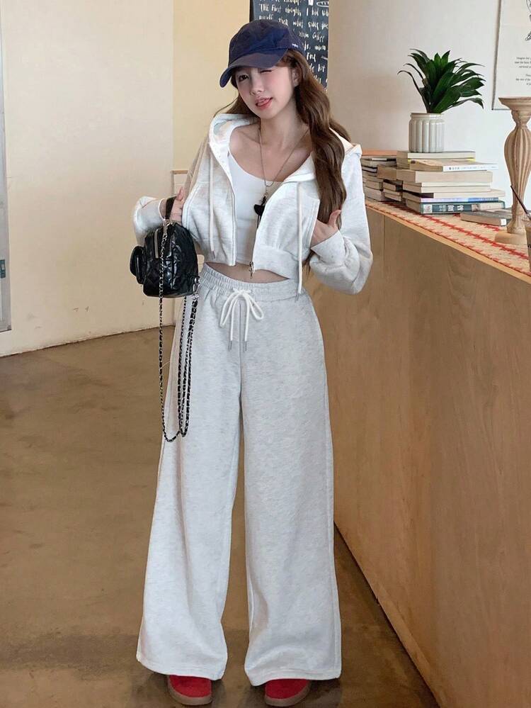 2pcs Women Fleece Hooded Cropped Sweatshirt And Straight Leg Pants Casual Outfit Set Tracksuits Women Set Lounge Sets For Women