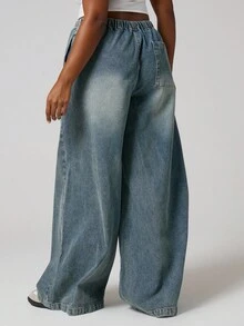 MUSERA Quần jeans ống rộng, cạp chun, cỡ lớn, chất liệu denim mài, thích hợp mặc hàng ngày. - Màu xanh lam - Xem 4