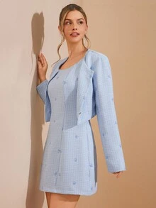 Amorya Women's Elegant Bow Decor Short Jacket And Sleeveless Dress Set, Suitable For Daily Wear And Multiple Occasions, Autumn