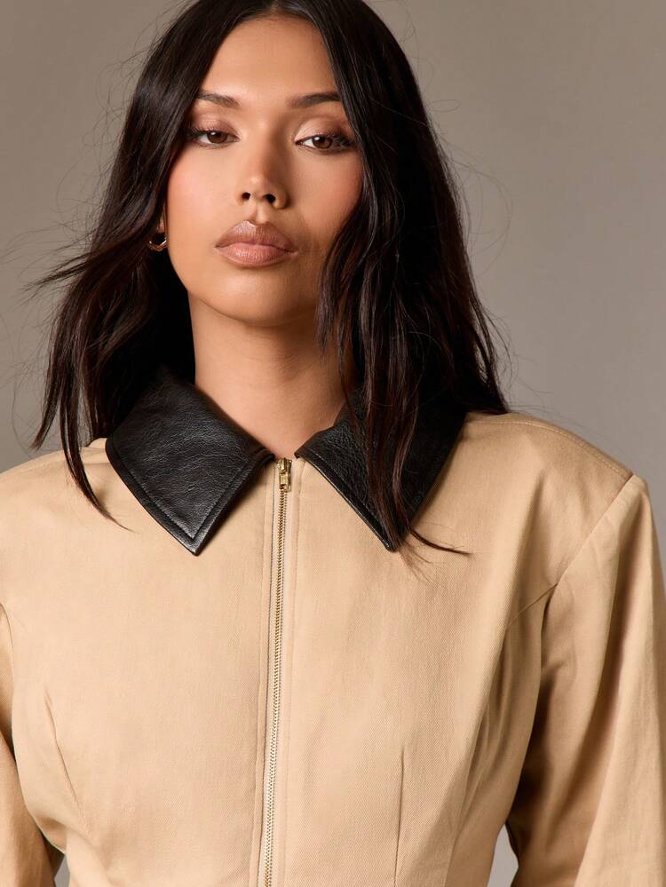 Cotton Utility Jacket With Contrast Collar And Pockets