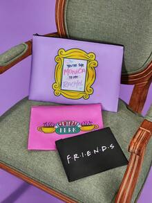 FRIENDS X SHEIN Set de 3 bucăți de pungi de depozitare cu fermoar RPET cu imprimeu central Perk și cadru, cadouri