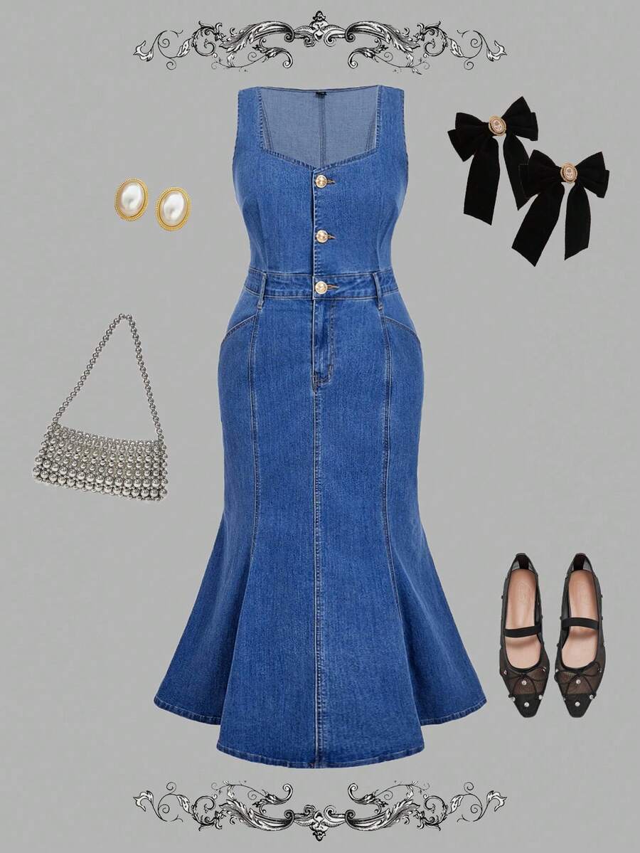 SHEIN MOD Plus Size Women's Button Half-Placket Fishtail Hem Sleeveless Elegant Denim Dress Mermaid Denim Dress Denim Midi Dress Fall Dresses For Women Winter Dress Christmas Dress Elegant Women's Dress Elegant Dresses For Party Country Dress For Women