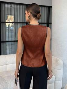 Lavishia Women's Sleeveless Vest With Metal Button Closure, Suitable For Commuting - Coffee Brown - View 2
