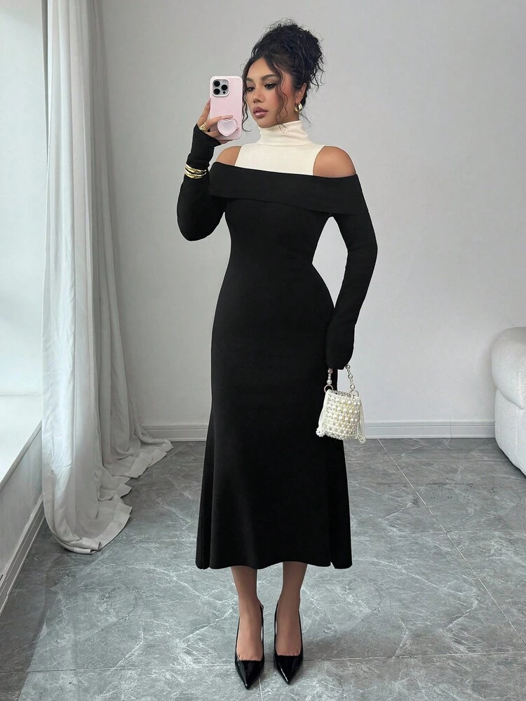Elegant Color Block Patchwork 2 In 1 Sweater Dress, Suitable For New Year, Christmas, Wedding, Party, Formal Occasions, Autumn/Winter