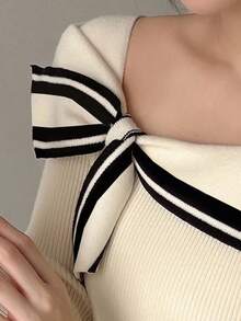 FRIFUL Women's Long Sleeve Knitted Sweater With Bow Decoration,Long Sleeve Tops Fall