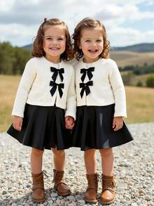 LMoss Kids LMoss 女婴两件套，包括一件纯色针织圆领T恤和一条PU皮裙。女婴两件套，女童两件套服装，女婴蝴蝶结套装，两件套女婴服装，女婴两件套，秋季服装，秋季套装，女婴秋季服装，秋季套装，女婴冬季秋季服装。