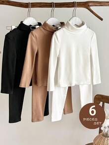 LMoss Kids LMoss 6pcs Young Girl Solid Color Knit Stand Collar Casual T-Shirt&Pants Set, Family Matching, Versatile Winter Clothes For Young Girls, Sister And Me Leggings - Multicolor - View 8