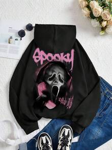 Tseoso 休闲简约尖叫鬼电话印花连帽衫宽松女式运动衫 - 黑色 - 查看 5