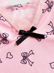 ROMWE Kawaii Bow Print Spaghetti Strap Camisole Top With Lace Trim - Pink - View 4