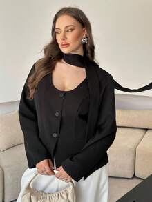 Modelyn 大码女式优雅飘逸长袖黑色领带夹克 - 黑色 - 查看 3
