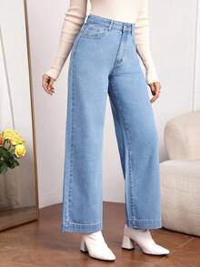 SHEIN Essnce 女式口袋宽松阔腿休闲百搭牛仔裤 - 藍色 - 查看 6