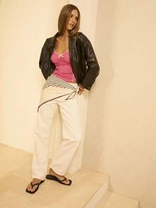 Aralina Áo thun lưới chấm bi xếp nếp phía trước dễ thương cho mùa đông/mùa hè - Màu Hồng Tươi - Xem 5