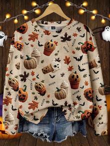 EMERY ROSE 大码女款南瓜枫叶纹理印花卫衣，秋冬装，万圣节 - 彩色 - 查看 1