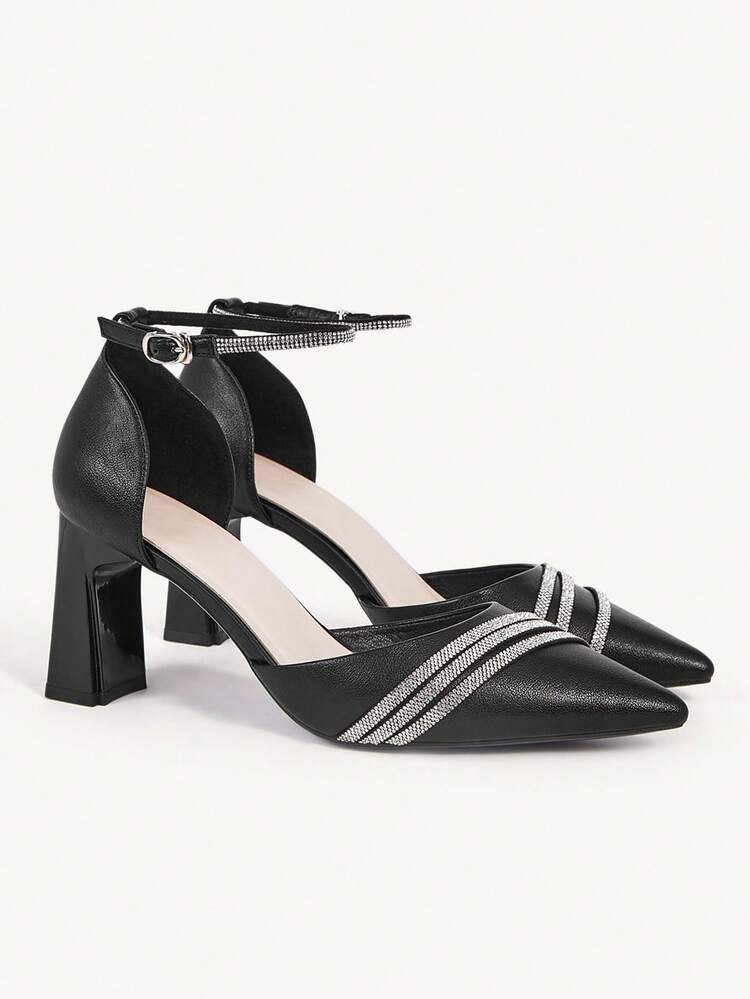 CUCCOO CHICEST Women's Pointed Toe Rhinestone Chain Ankle Strap Chunky Heel Pumps, Elegant High-End Luxury Classic Black High Heels For Party, Formal Occasions, Evening Gowns