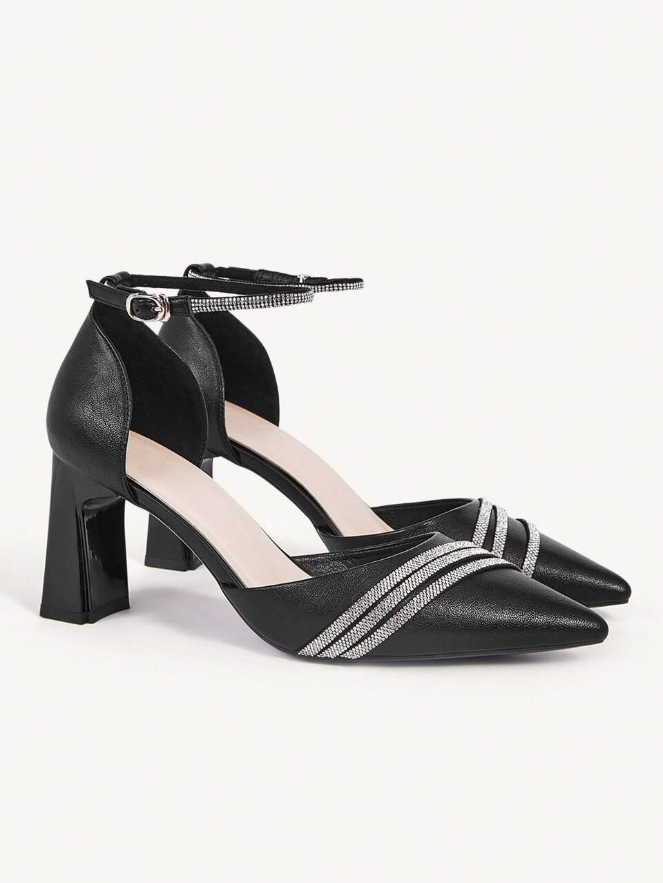 CUCCOO CHICEST Women's Pointed Toe Rhinestone Chain Ankle Strap Chunky Heel Pumps, Elegant High-End Luxury Classic Black High Heels For Party, Formal Occasions, Evening Gowns