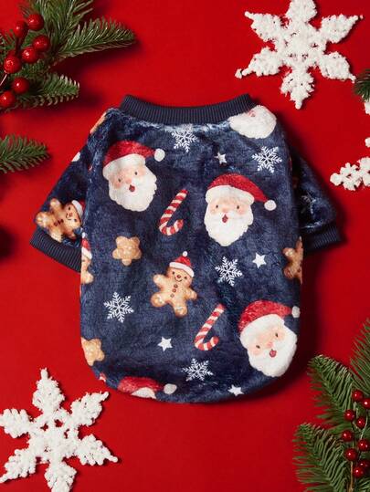 PETSIN 1 宠物圣诞猫狗通用蓝色圣诞老人雪花姜饼人图案印花毛绒玩具，温暖舒适，适合狗狗圣诞节