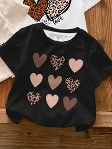 SHEIN 4 件年轻女孩休闲简约奶油白色复古豹纹心形字母“Mama's Girl”图案圆领短袖 T 恤，适合春夏季 - 彩色 - 查看 3