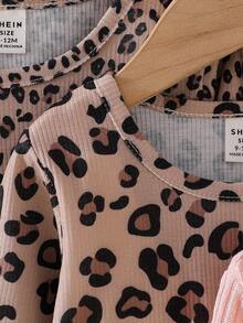 SHEIN 5pcs/Set Baby Girls' Casual Cute Ribbed Cat Embroidery & Leopard Print Tops Fall Winter - Multicolor - View 4