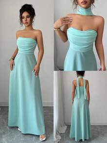 Elenzga Strapless Ruffle Waist A-Line Flowy Elegant Romantic Women Dress