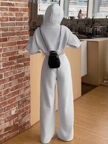 DAZY 女士抓绒连帽短款卫衣和直筒裤两件套休闲运动套装，女士家居服套装 - 淺灰色 - 查看 4