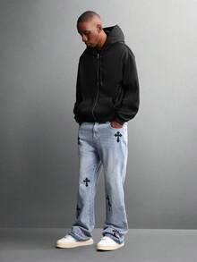 SUMWON Cotton Chrome Cross Design Light Wash Flared Denim Jeans Gothic Print Baggy Pants For All Seasons Street Style Custom Handcrafted Fashion