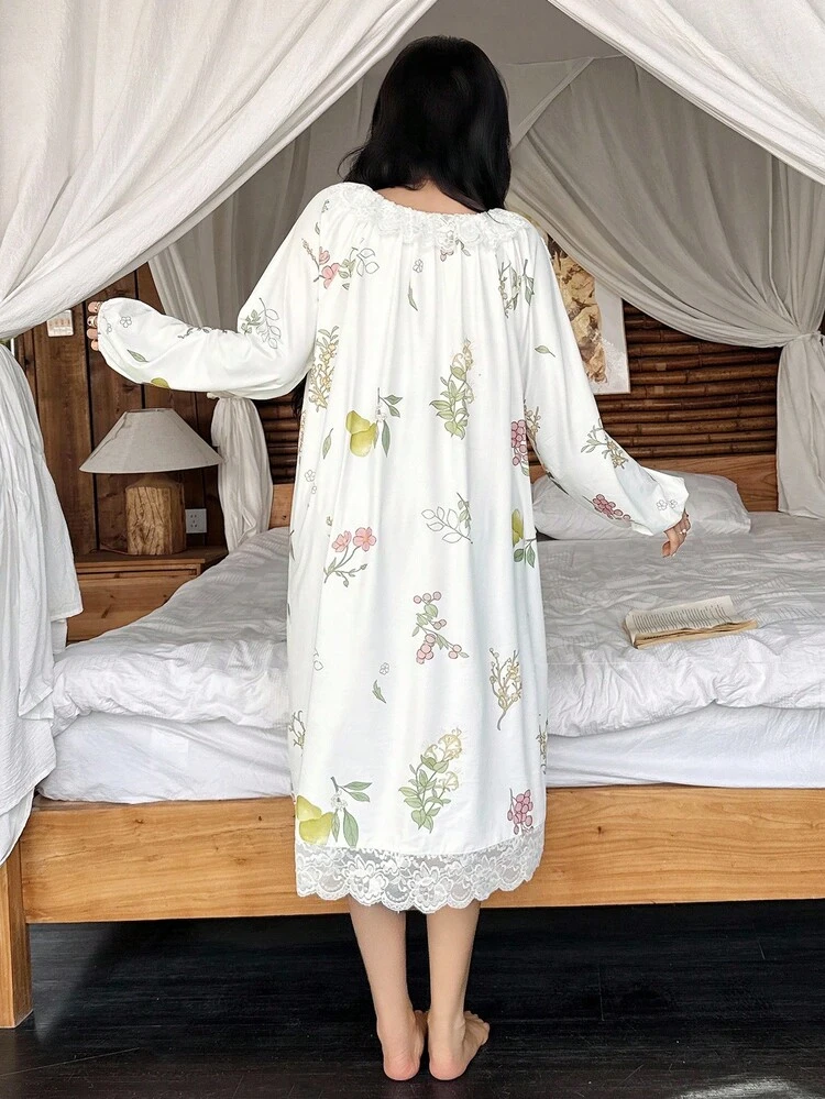 Plant Pattern Ruched Design Floral Trim Ruffled Collar Women Nightgown, Fall Pajama