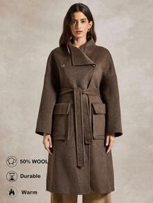 Briarwyn 女士时尚纯色瀑布领翻盖口袋系带大衣 - 咖啡棕 - 查看 3