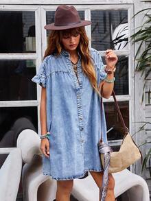 EMERY ROSE Vacation Casual Washed Front Button Denim Dress