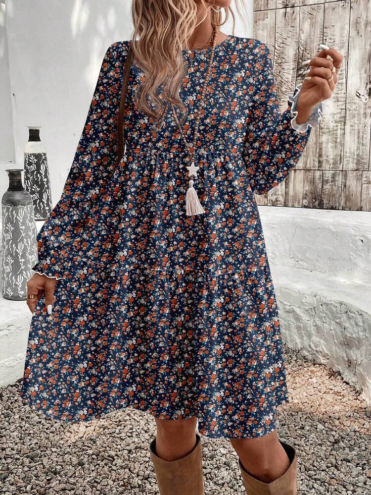 Casual Elegant Women's Midi Ditsy Floral Dress, Autumn/Winter Long Sleeve Floral Dress