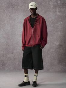 STYNVO Men's Autumn Letter Embroidery Drop Shoulder Long Sleeve Casual Zip-Up Hoodie Fleece - Burgundy - View 5