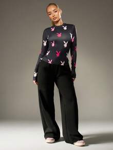 Missguided x Playboy Bunny Print Long Sleeve Top Holiday Party Loungewear Winter Gift Fashion Lounge Pullover All Over Pattern Multi Color Design Alluring - Black - View 4