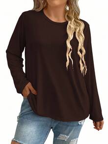 大码女式纯色圆领宽松休闲简约日常通勤打底长袖T恤，棕色，春秋季 - 咖啡棕 - 查看 3