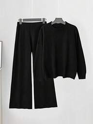 Joress Plus Size Women Knitted Wool Sweater Loungewear Set, Coffee Color