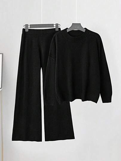 Linhara Große Größen Damen Strickwoll Pullover Loungewear Set, Kaffeefarben