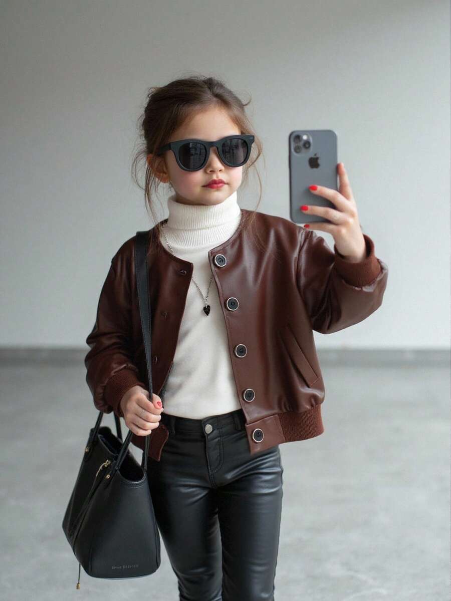 Elladie kids Áo khoác da PU cổ tròn tay dài màu nâu phong cách đường phố dành cho bé gái, thiết kế đơn giản với hàng nút viền đen đơn, túi giả, cổ tay và gấu áo có gân, áo khoác thời trang và thoải mái cho mùa xuân/thu - màu nâu - Xem 1