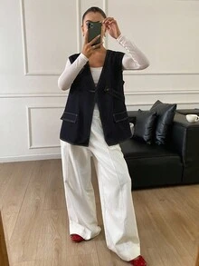 DAZY 女式V领无袖宽松都市休闲牛仔背心 - 深色水洗藍 - 查看 4