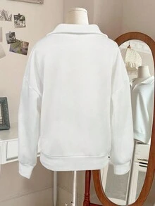SHEIN Áo nỉ giữ nhiệt lót lông ấm áp, đơn giản, màu trơn, cổ bẻ, khóa kéo nửa, cỡ lớn, thoải mái khi đi làm hàng ngày dành cho nữ - trắng - Xem 2
