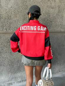 SHEIN 少女落肩撞色字母印花飞行员夹克，秋冬街头休闲风 - 紅色 - 查看 2