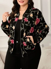 Reflora 大码女式春秋休闲度假提花长袖宽松拉链棒球夹克 - 黑色 - 查看 4