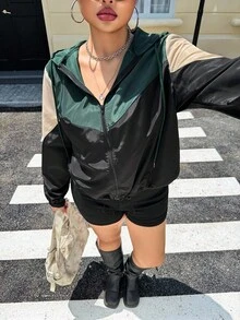 SHEIN EZwear 大碼撞色抽繩連帽防風夾克 - 彩色 - 查看 5