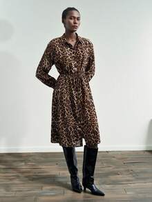 Maija Women's Fashionable Commuter Leopard Print Shirt Dress Leopard Print Dress Women Shirt Dress Animal Print Dress Leopard Dress - Brown - View 1