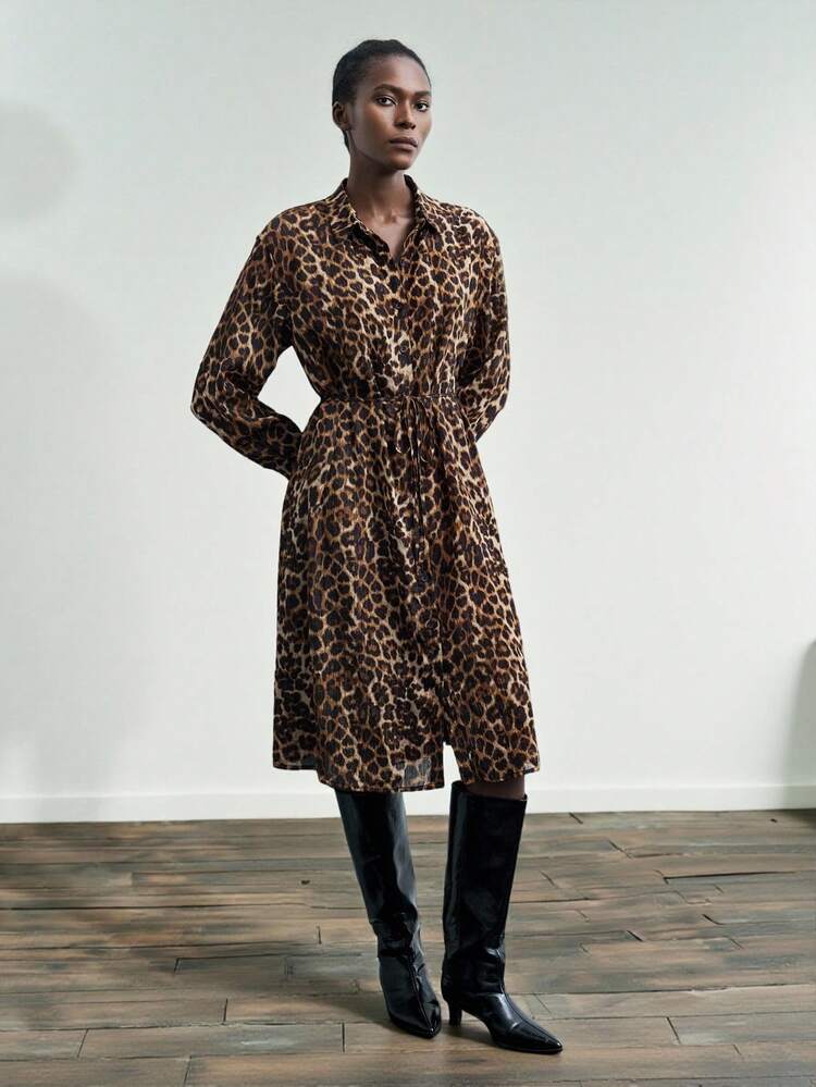 SHEIN Maija Women's Fashionable Commuter Leopard Print Shirt Dress Leopard Print Dress Women Shirt Dress Animal Print Dress Leopard Dress