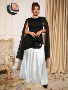 Allurite Vestido de cóctel elegante y romántico de gasa con parches y perlas, de estilo retro francés, para mujer de talla grande - Negro - Ver 5
