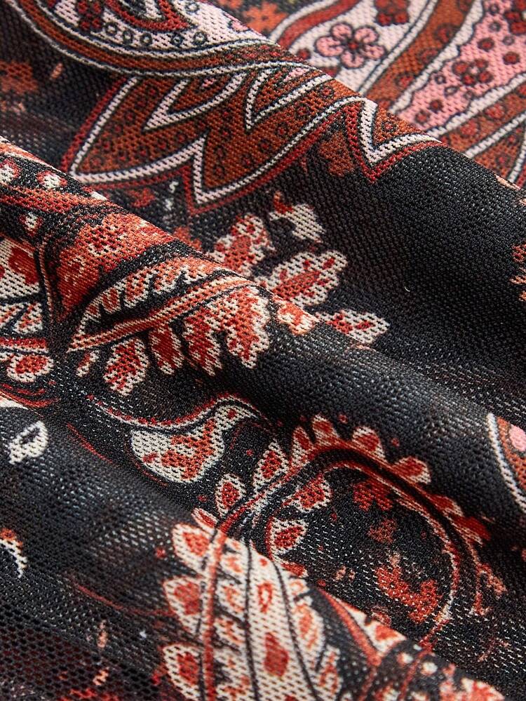 Camisa de Manga Longa com Botões e Estampa Paisley Vintage em Tela, Estilo Chique para Passeio na Primavera e Verão