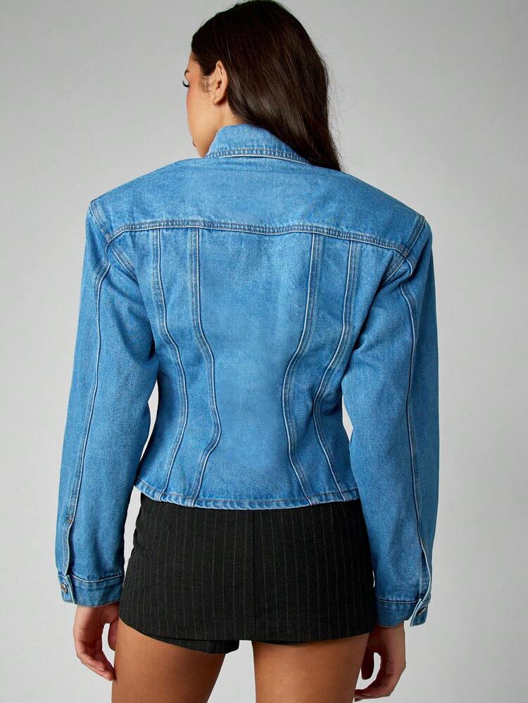 MISSGUIDED Cotton Women's Fitted Denim Trucker Jacket Corset Style Button Front Medium Wash Western Fashion Vintage Inspired Spring Fall Casual Outerwear