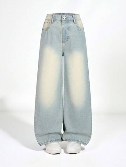 SHEIN Explorewe 大码女童休闲复古个性做旧宽松直筒牛仔裤，男女通用，复古水洗蓝色牛仔裤