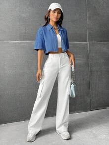 SHEIN EZwear 女士休闲短款牛仔衬衫，夏季 - 深色水洗藍 - 查看 5