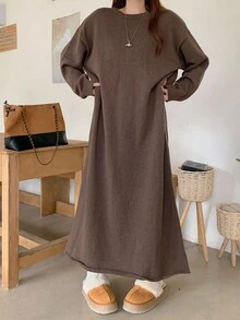 DAZY 女士纯色圆领落肩长袖休闲宽松针织毛衣裙，秋冬 - 棕色 - 查看 4