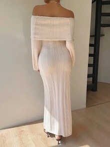 Siren Gaze Váy len dệt kim dáng suông trễ vai tay dài cổ bẻ màu trơn dành cho nữ, mùa thu/đông - Màu be - Xem 2