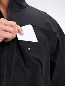 Letter Print Stand Collar Pocket Zip-Up Long Sleeve Jacket - Black - View 6